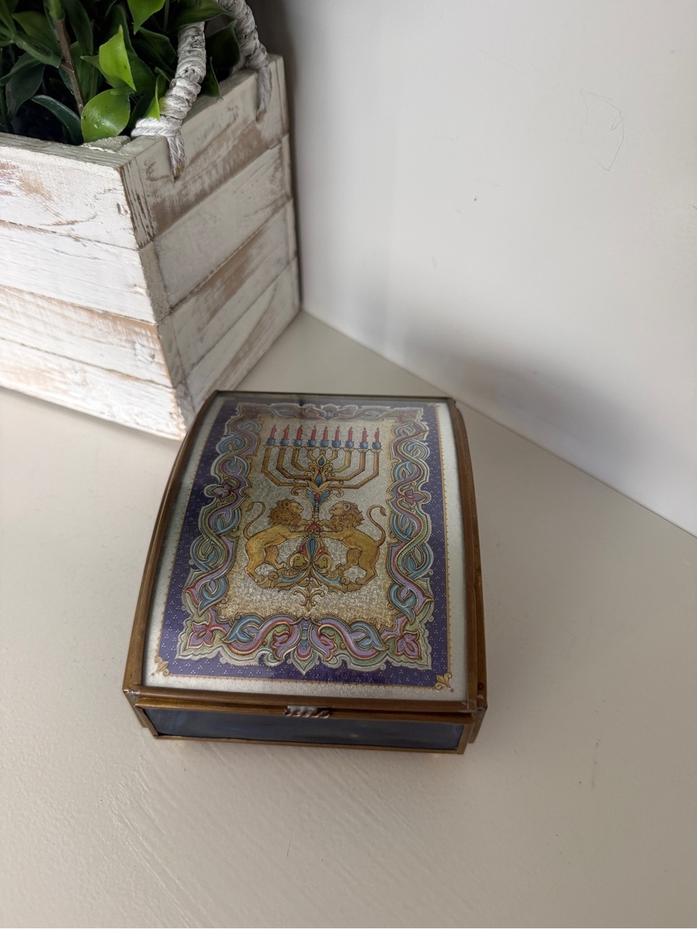 Via Vermont Hatikvah Musical Glass Jewelry Box Judaica Brass Blue Glass